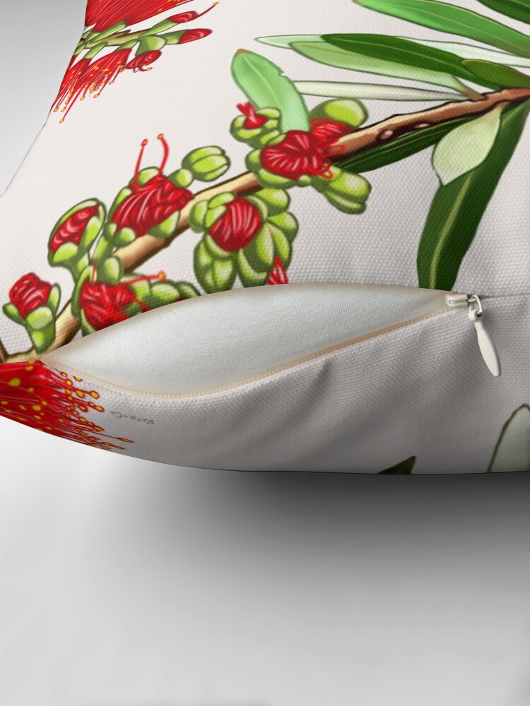 Thumbnail 2 of 4, Pillow, Scarlet Honeyeater in Callistemon #2 by Australian artist Laural Retz designed and sold by lauralretz.