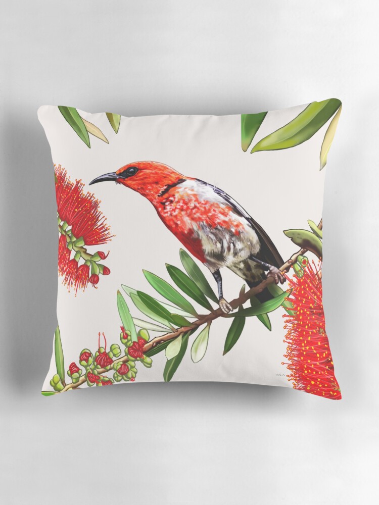 Thumbnail 3 of 4, Pillow, Scarlet Honeyeater in Callistemon #2 by Australian artist Laural Retz designed and sold by lauralretz.