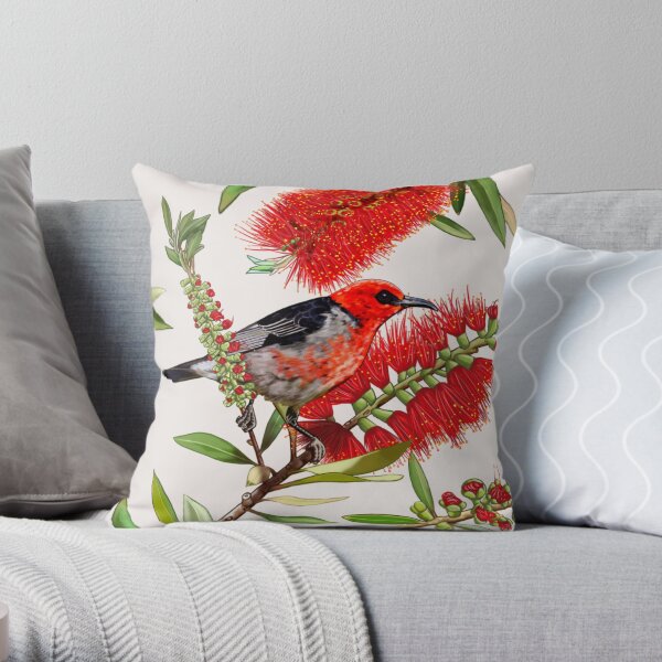 Scarlet Honeyeater in Callistemon #1 by Australian artist Laural Retz Throw Pillow