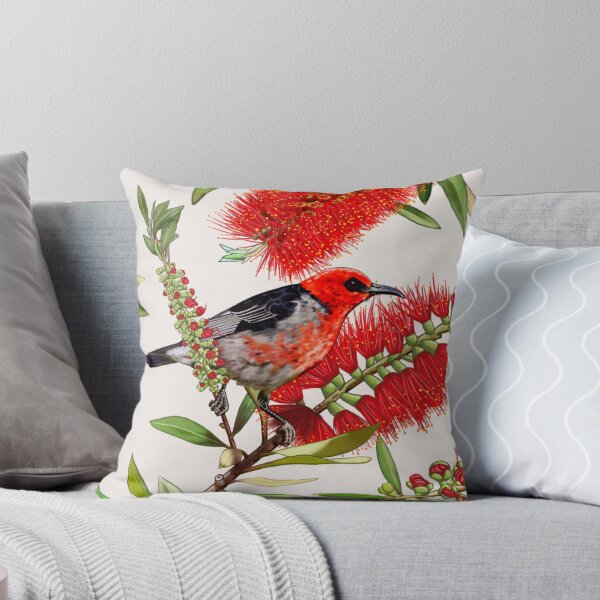 Scarlet Honeyeater in Callistemon #1 by Australian artist Laural Retz Throw Pillow