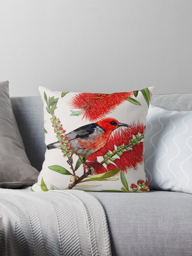 Thumbnail 1 of 4, Pillow, Scarlet Honeyeater in Callistemon #1 by Australian artist Laural Retz designed and sold by lauralretz.