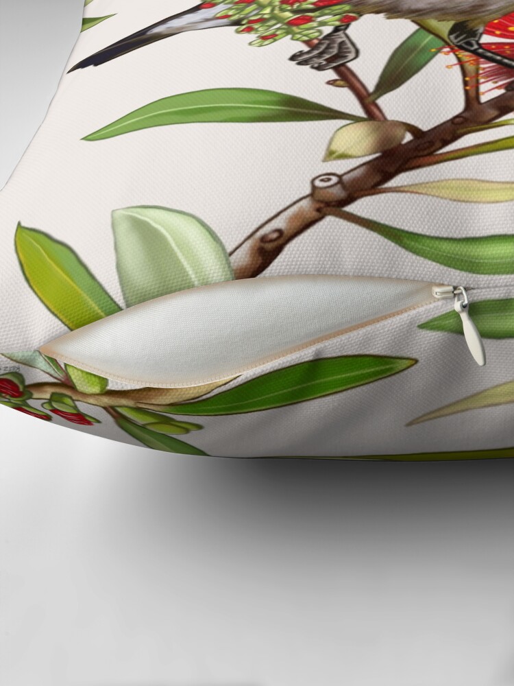 Thumbnail 2 of 4, Pillow, Scarlet Honeyeater in Callistemon #1 by Australian artist Laural Retz designed and sold by lauralretz.