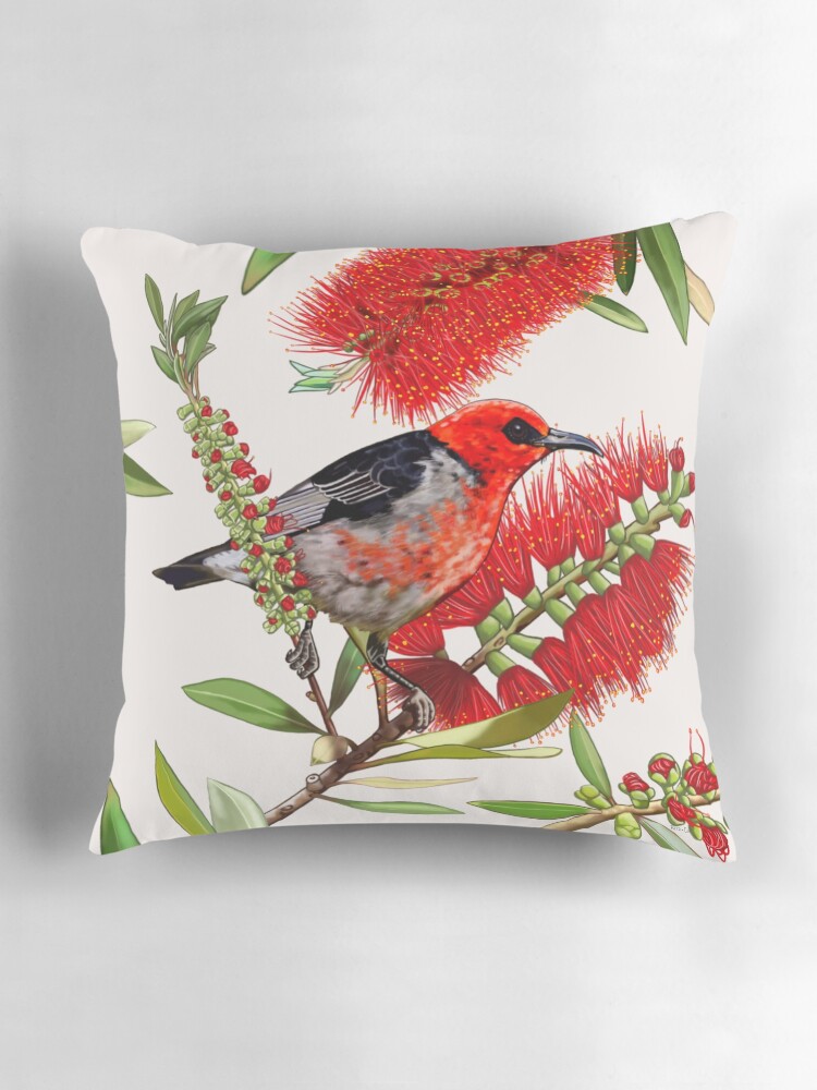 Thumbnail 3 of 4, Pillow, Scarlet Honeyeater in Callistemon #1 by Australian artist Laural Retz designed and sold by lauralretz.