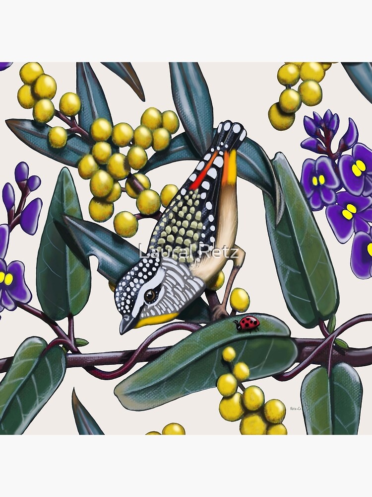 Thumbnail 4 of 4, Pillow, Happy Wandering Pardalote by Australian artist Laural Retz designed and sold by lauralretz.