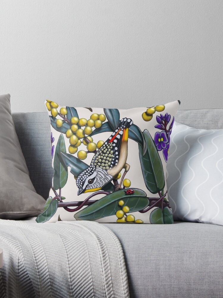 Thumbnail 1 of 4, Pillow, Happy Wandering Pardalote by Australian artist Laural Retz designed and sold by lauralretz.