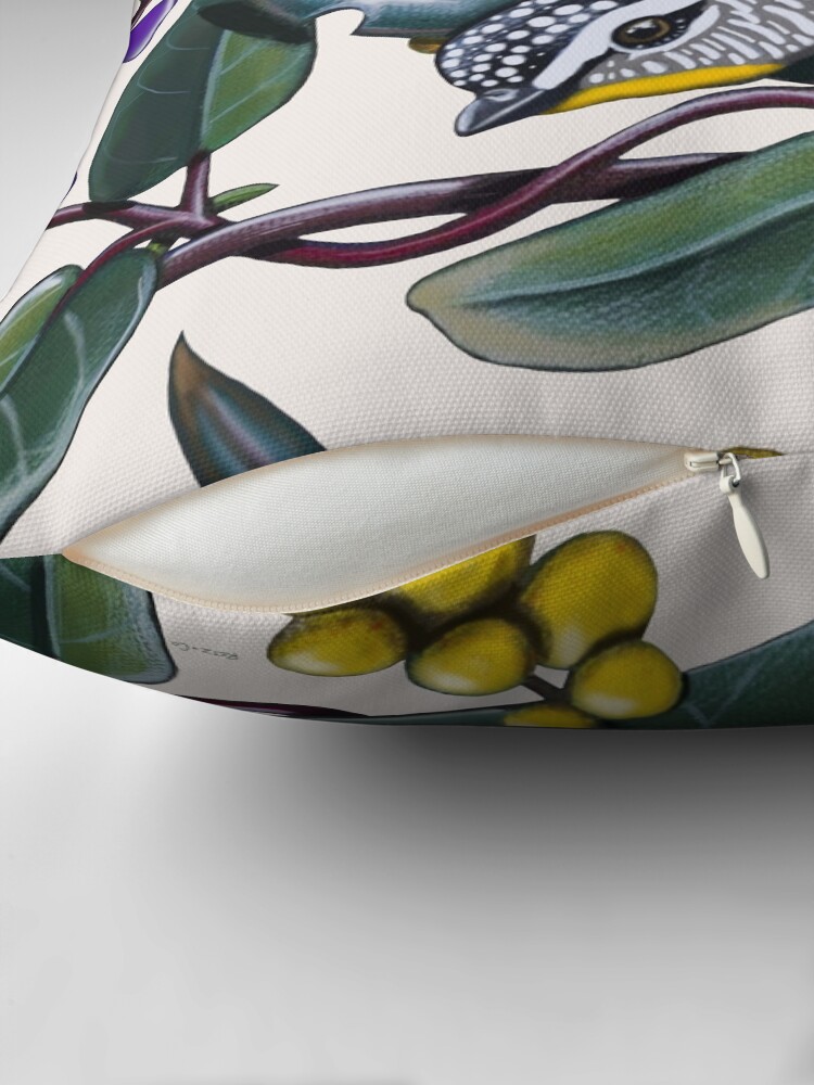 Thumbnail 2 of 4, Pillow, Happy Wandering Pardalote by Australian artist Laural Retz designed and sold by lauralretz.