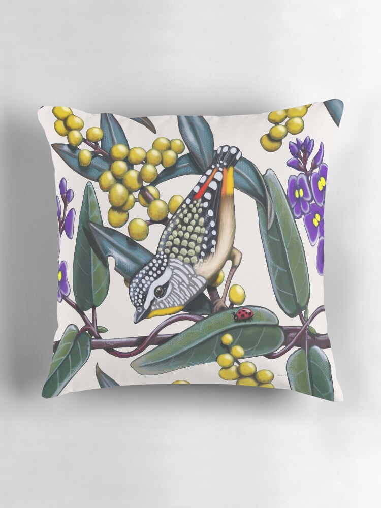 Thumbnail 3 of 4, Pillow, Happy Wandering Pardalote by Australian artist Laural Retz designed and sold by lauralretz.