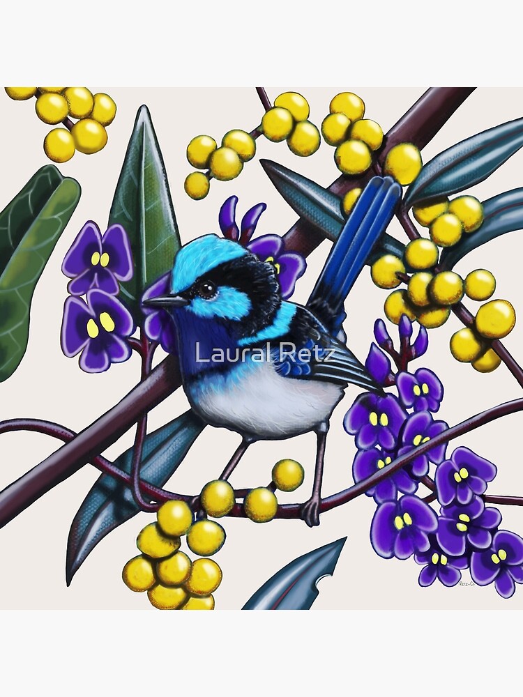 Thumbnail 4 of 4, Pillow, Happy Wandering Blue Wren by Australian artist Laural Retz designed and sold by lauralretz.