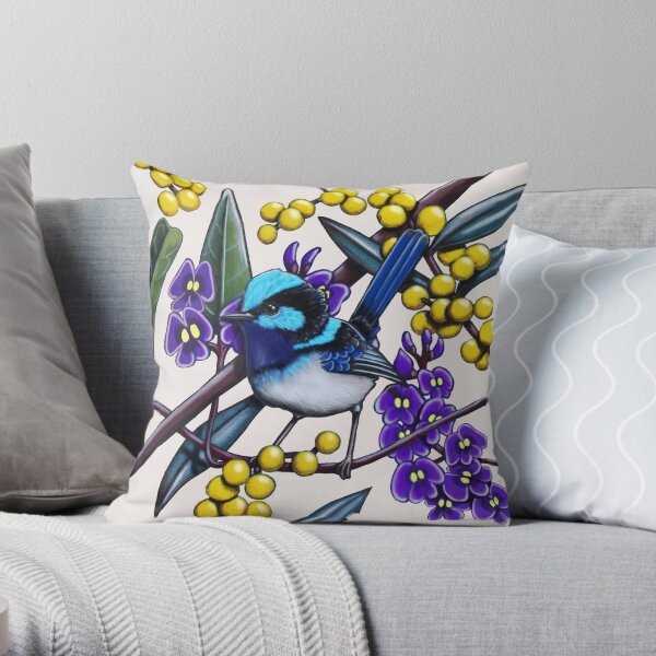 Happy Wandering Blue Wren by Australian artist Laural Retz Throw Pillow