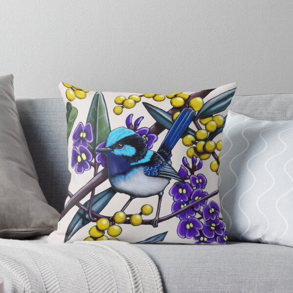 Happy Wandering Blue Wren by Australian artist Laural Retz Throw Pillow
