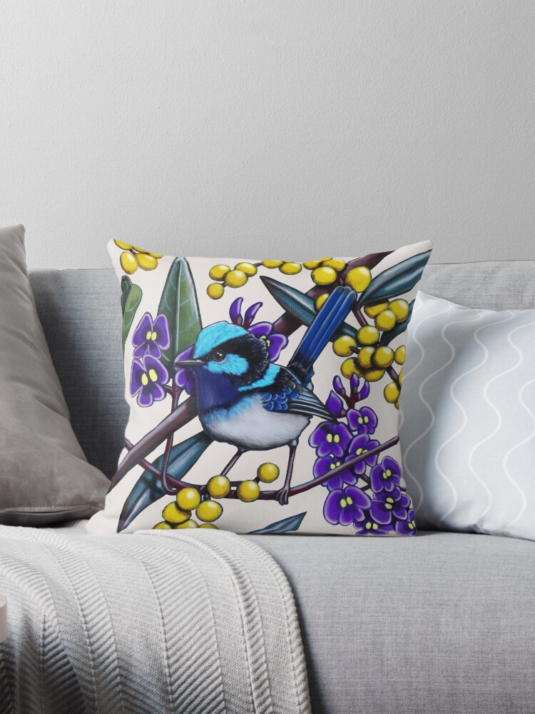 Thumbnail 1 of 4, Pillow, Happy Wandering Blue Wren by Australian artist Laural Retz designed and sold by lauralretz.