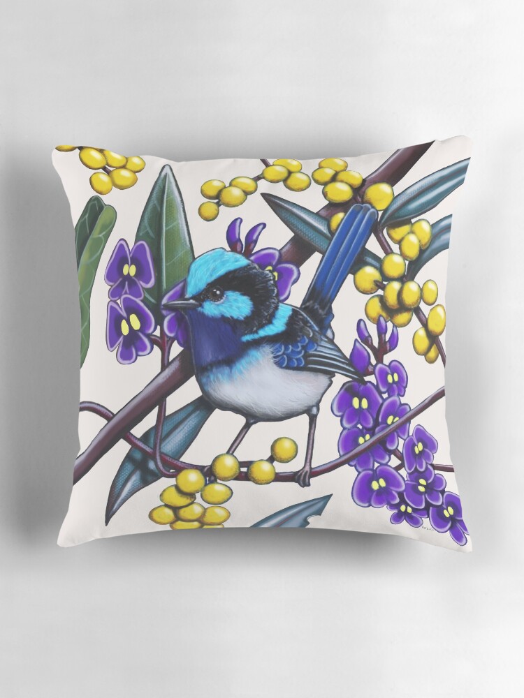 Thumbnail 3 of 4, Pillow, Happy Wandering Blue Wren by Australian artist Laural Retz designed and sold by lauralretz.