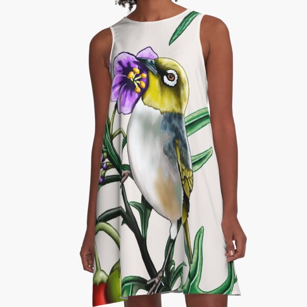 Silver Eye in Kangaroo Apple #2 by Australian artist Laural Retz A-Line Dress