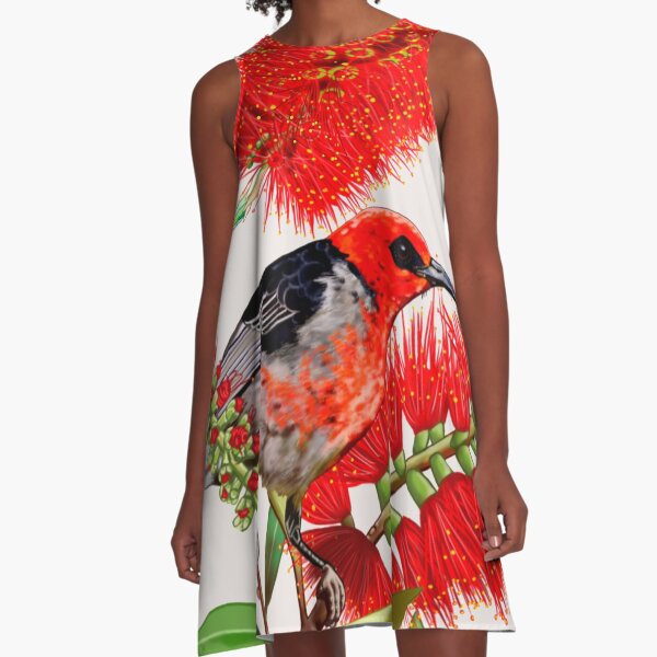 Scarlet Honeyeater in Callistemon #1 by Australian artist Laural Retz A-Line Dress