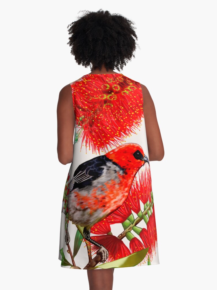 Thumbnail 3 of 4, A-Line Dress, Scarlet Honeyeater in Callistemon #1 by Australian artist Laural Retz designed and sold by lauralretz.