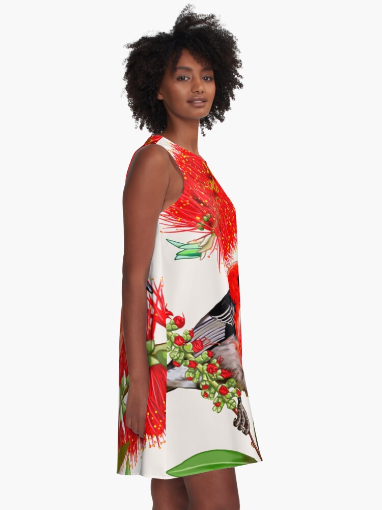 Thumbnail 2 of 4, A-Line Dress, Scarlet Honeyeater in Callistemon #1 by Australian artist Laural Retz designed and sold by lauralretz.