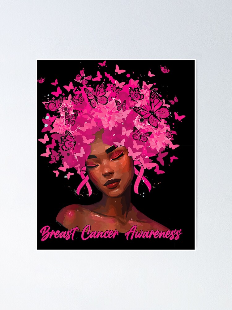 Pink Ribbon Afro Flowers Hair Black Queen Breast Cancer T-Shirt