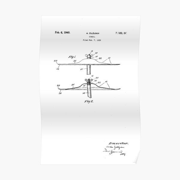 A. Zildjian Cymbal U.S. Patent Drawing Design Poster
