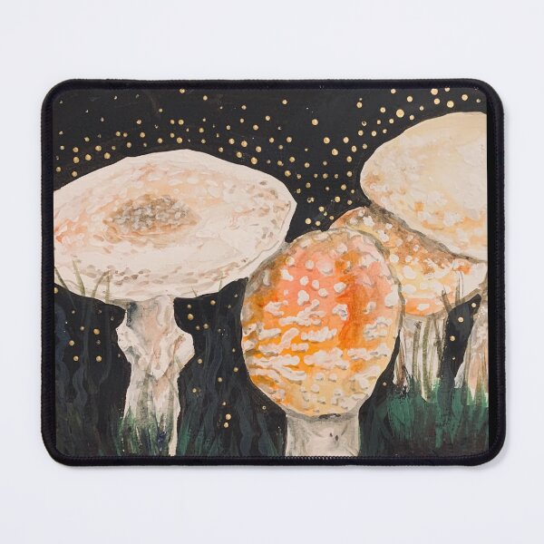 Item preview, Mushrooms at night watercolor/acrylic painting w gold touches nature designed and sold by Paintingladycat.