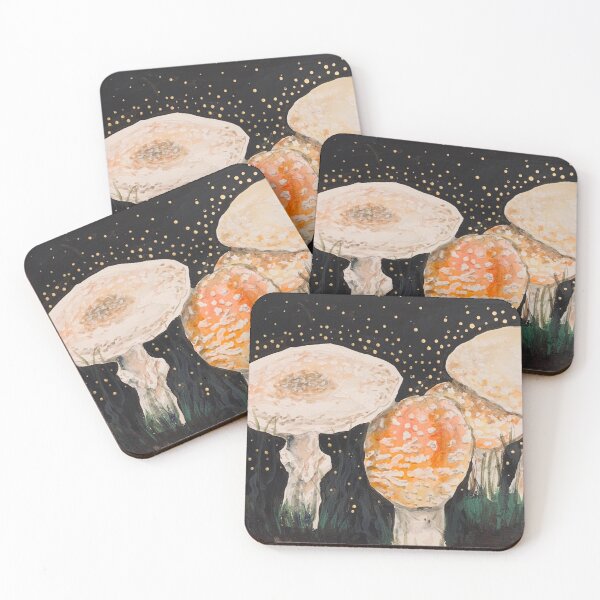 Item preview, Mushrooms at night watercolor/acrylic painting w gold touches nature designed and sold by Paintingladycat.