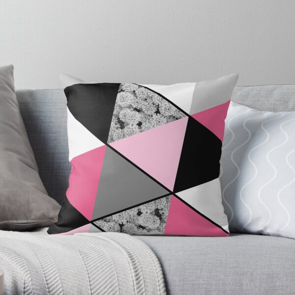 Triangles Black White Pink Grey and Flowers Throw Pillow