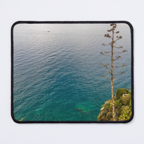 Item preview, The Cinque Terre sea seen from a cliff in Corniglia with a tall Agave flower on the right side. designed and sold by H-AB.