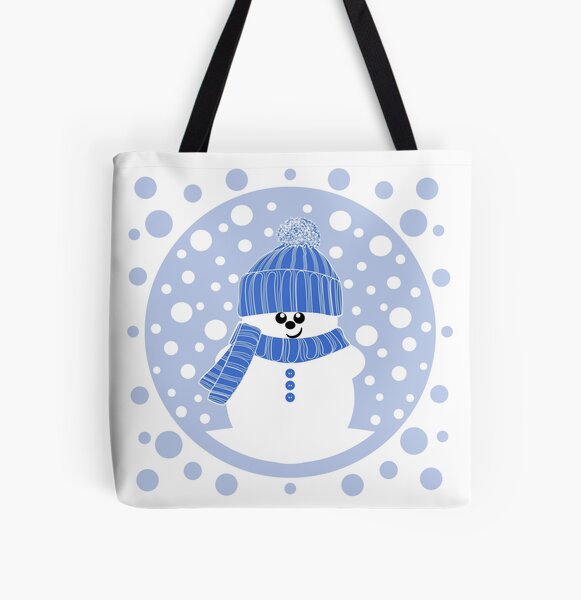 Krimbles Fun Dotty Snowman with Blue Woolly Hat and Scarf All Over Print Tote Bag