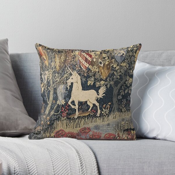 Medieval Unicorn Midnight Floral Tapestry Throw Pillow