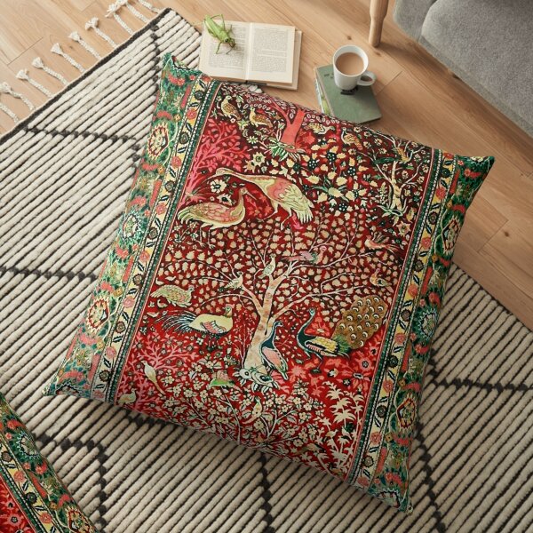 Antique Persan Tapis Oiseau Arbre Fleurs ca. 1600 Imprimer Coussin de sol