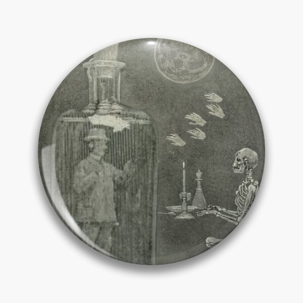 Item preview, Man In A Bottle With A Skeleton, Hands Clapping  And Full Moon, Quirky Curios Old Etching Style Illustration designed and sold by TrulyEpoque.