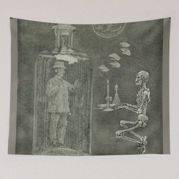 Item preview, Man In A Bottle With A Skeleton, Hands Clapping  And Full Moon, Quirky Curios Old Etching Style Illustration designed and sold by TrulyEpoque.