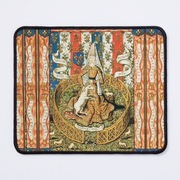 Aperçu de l'œuvre DAME ET LICORNE, FLEUR DE LYS HÉRALDIQUE FRANÇAISE Miniature médiévale en rouge bleu blanc créée et vendue par BulganLumini.