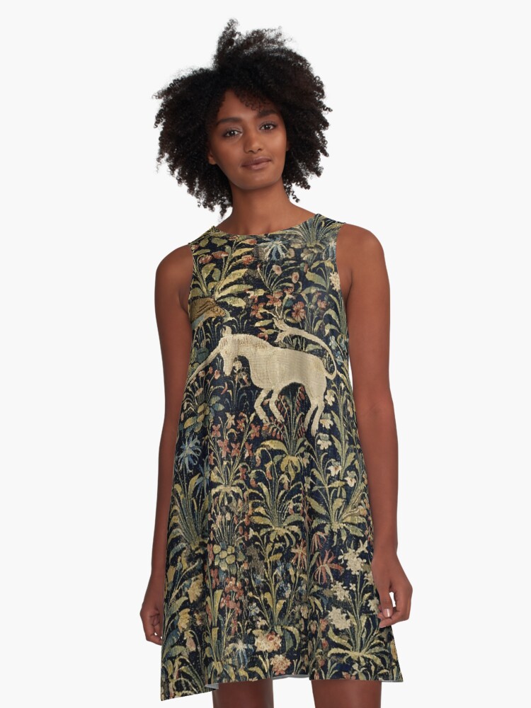 Medieval Unicorn Floral Tapestry A-Line Dress for Sale by