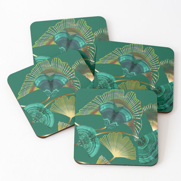 Item preview, ginkgo biloba, leaf dance, gold, malachite, emerald, monochrome designed and sold by Maria Mihailova.