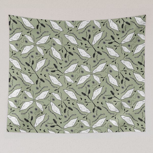 Item preview, Hand drawn Autumnal Pattern with leaves, twigs, florals, sprigs, and burrs foraging print designed and sold by WitchInTheWack.