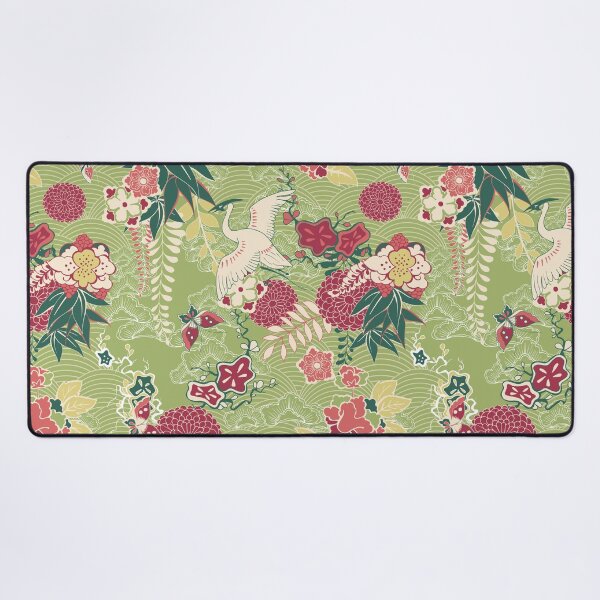 Japanese Pattern - Crane, butterfly and flowers Desk Mat