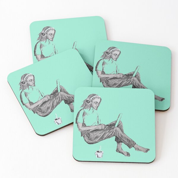 Item preview, Girl relaxing out with headphones coffee and laptop illustration designed and sold by Liz HL Art Shop.