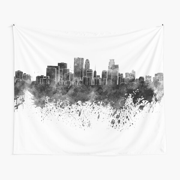 Minneapolis skyline in black watercolor on white background Tapestry