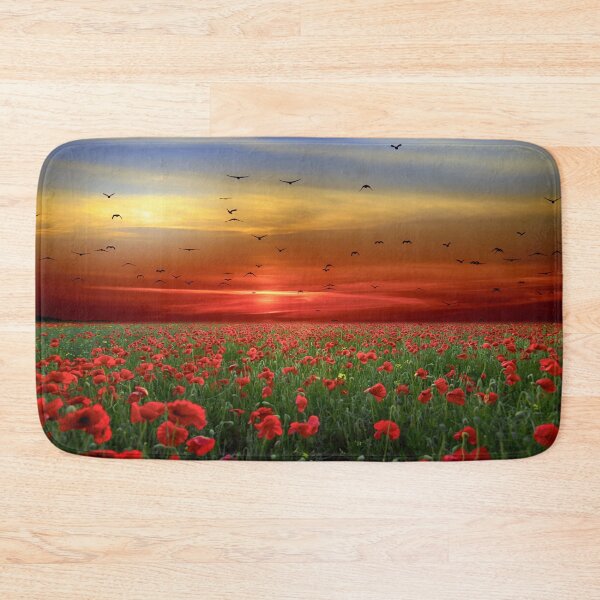 Item preview, Beautiful sunset photograph with a field of red poppies and birds flying over. A bright image, with reds, greens and blues designed and sold by Orianah.