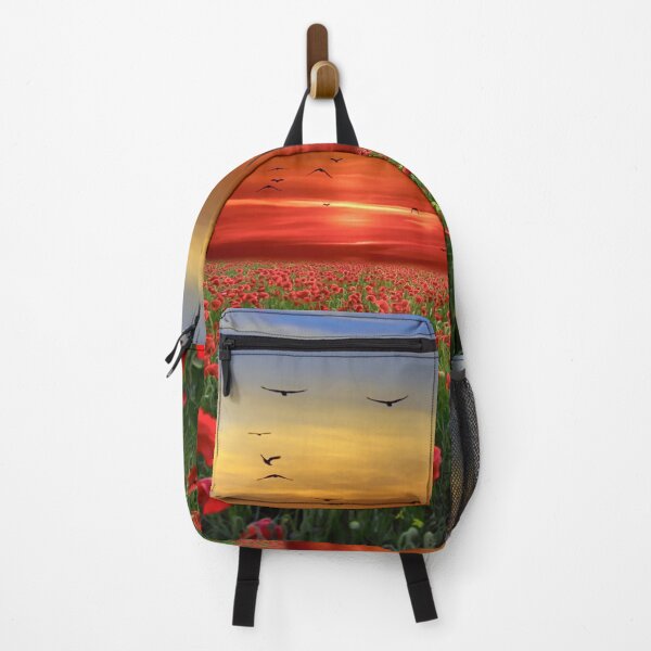 Item preview, Beautiful sunset photograph with a field of red poppies and birds flying over. A bright image, with reds, greens and blues designed and sold by Orianah.