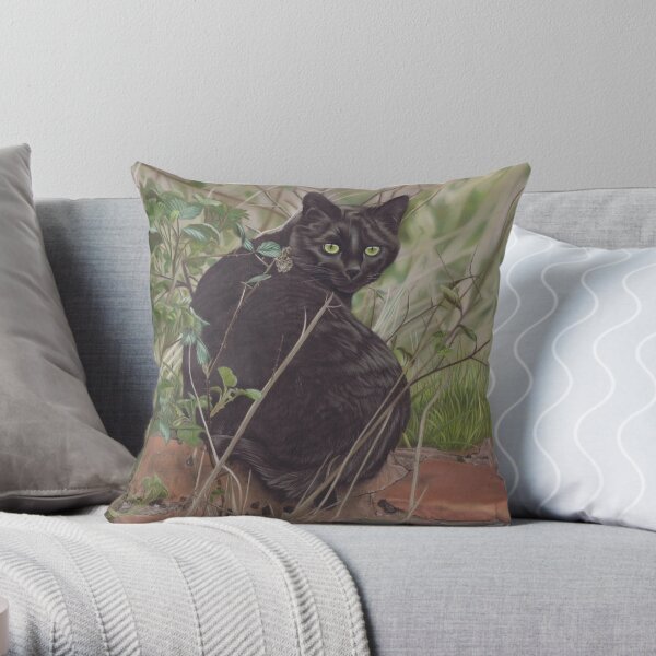 Black cat hunting in woodland Throw Pillow