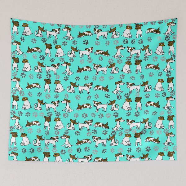 Item preview, Jack Russell Terrier Cartoon With Turquoise Background designed and sold by jaggerstudios.
