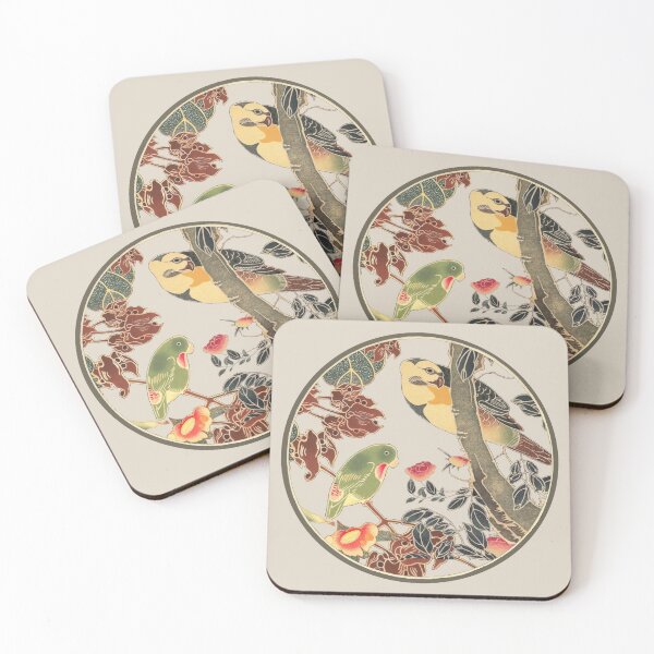 Item preview, Japanese Vintage Garden Bird And Small Green Parakeet In Light Cream Background designed and sold by TrulyEpoque.