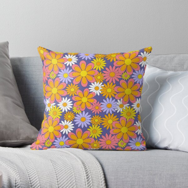 70s Flower Power Purple Orange Yellow Retro Daisy Throw Pillow