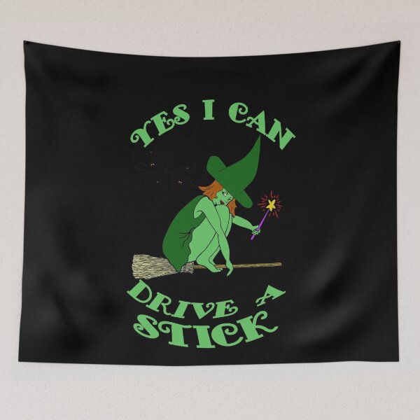 Item preview, Yes I Can Drive a Stick Green Witch on Broomstick Bats Witch Hats designed and sold by KeysTreasures.