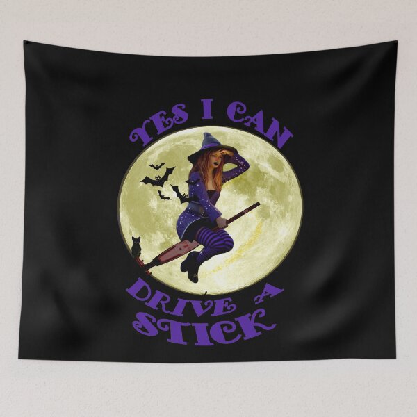 Item preview, Yes I Can Drive a Stick Red Hair Witch in Purple on Broomstick Bats Witch Hats designed and sold by KeysTreasures.