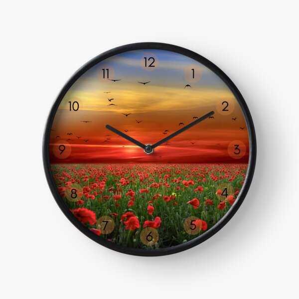 Beautiful sunset photograph with a field of red poppies and birds flying over. A bright image, with reds, greens and blues Clock