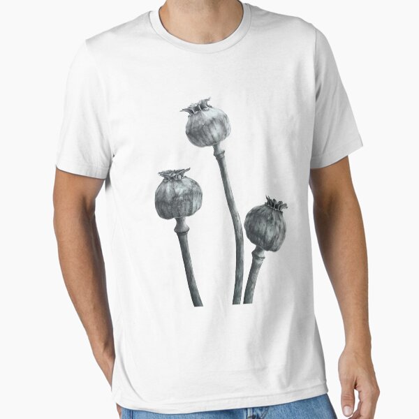 Black and white graphic drawing of Poppy flowers. Essential T-Shirt