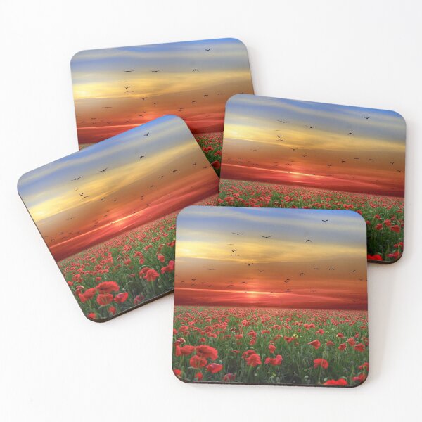 Item preview, Beautiful sunset photograph with a field of red poppies and birds flying over. A bright image, with reds, greens and blues designed and sold by Orianah.