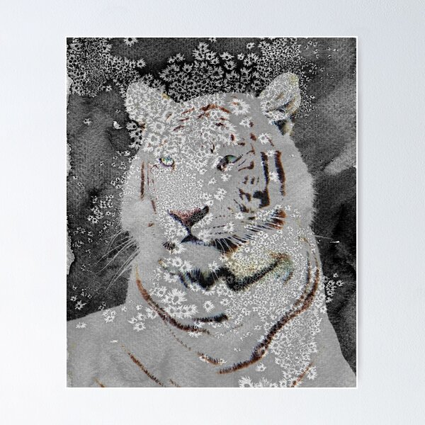  White Tiger Line Drawing Polygon Stripes Pattern Artwork Framed  A3 Wall Art Print: Posters & Prints